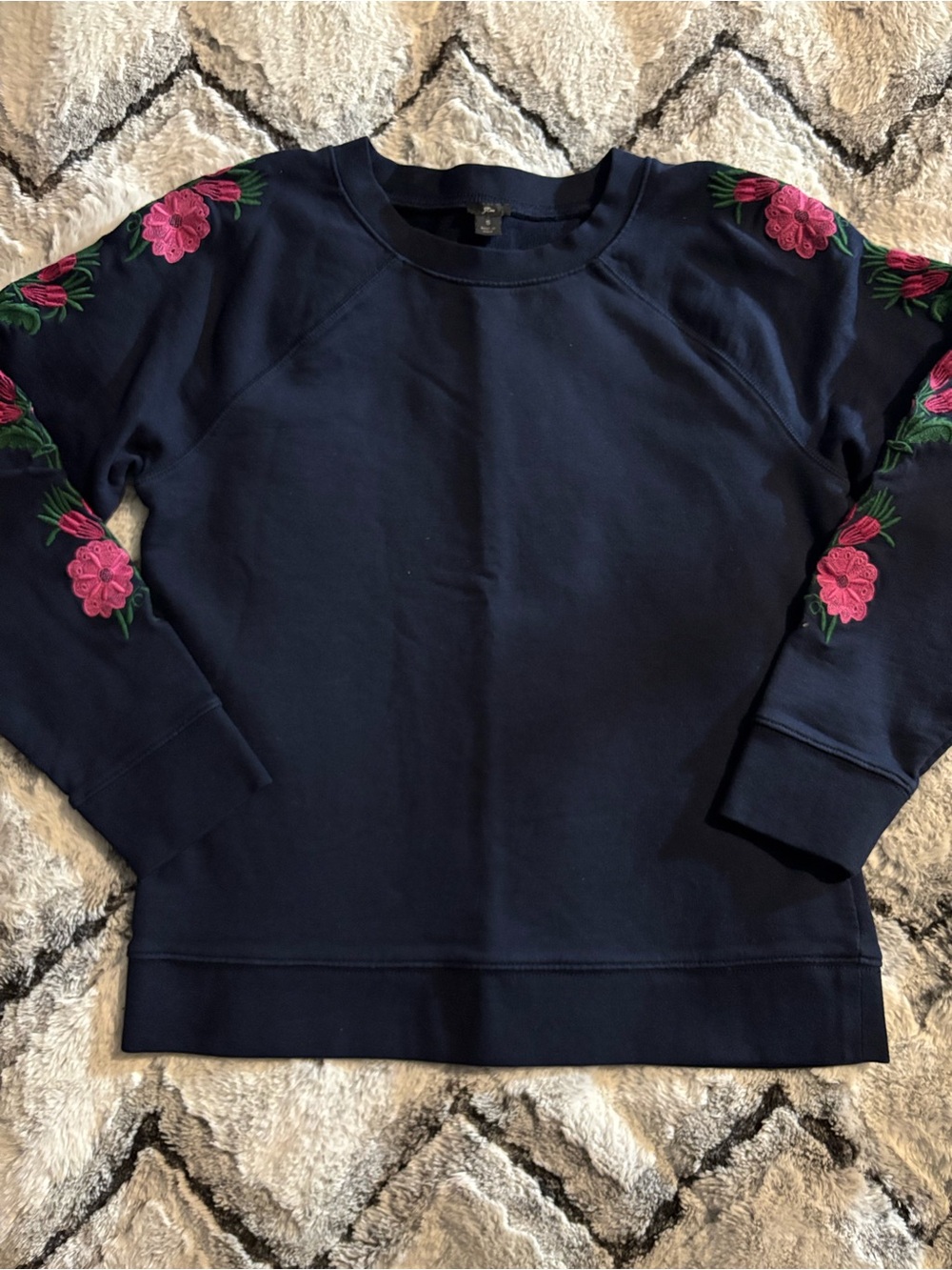 J. Crew Navy Crewneck Sweatshirt with Pink Floral Embroidery